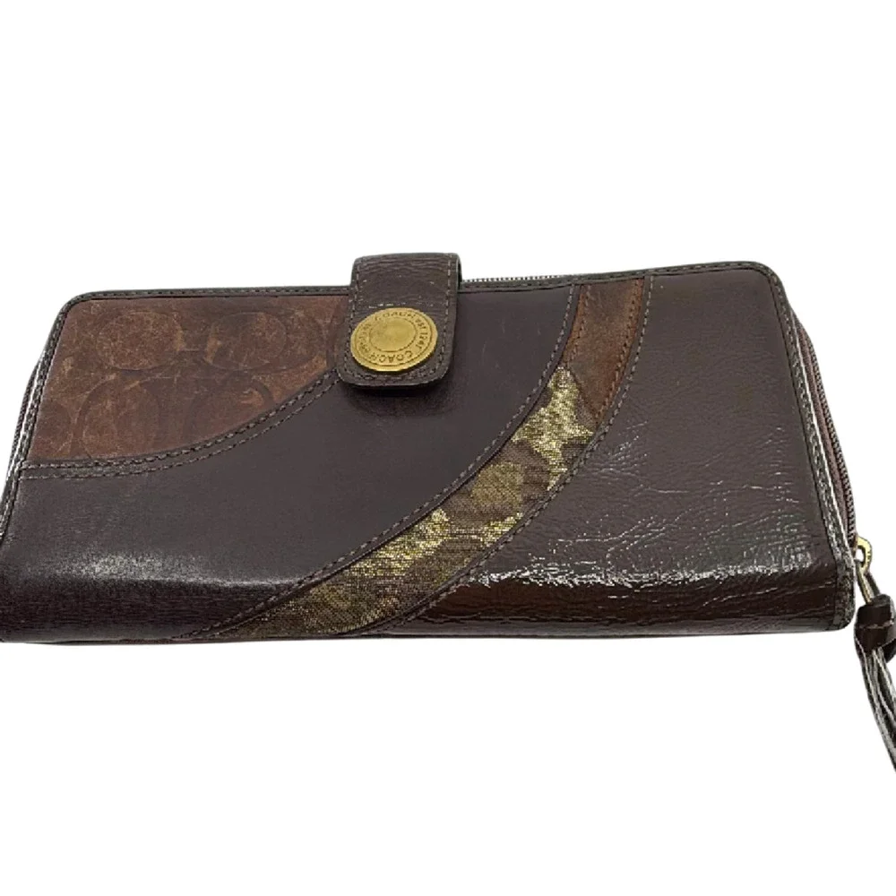 Coach Mixed Material Continental Brown Signature Canvas Leat
